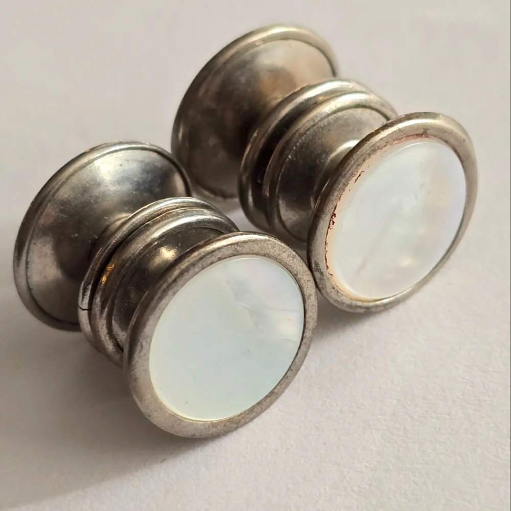 Vintage cuff links silver tone white mother of pearl shell inlay Silver snap